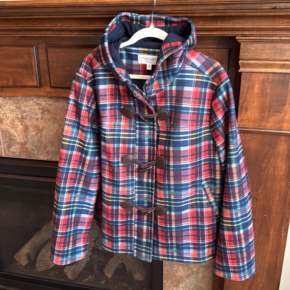 ADORABLE multicolored plaid hooded jacket zip and toggle buttons size 2X